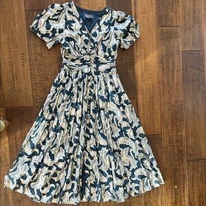 Anthropologie Teal snd Gold Midi Fit and Flare Cocktail Dress sz 10